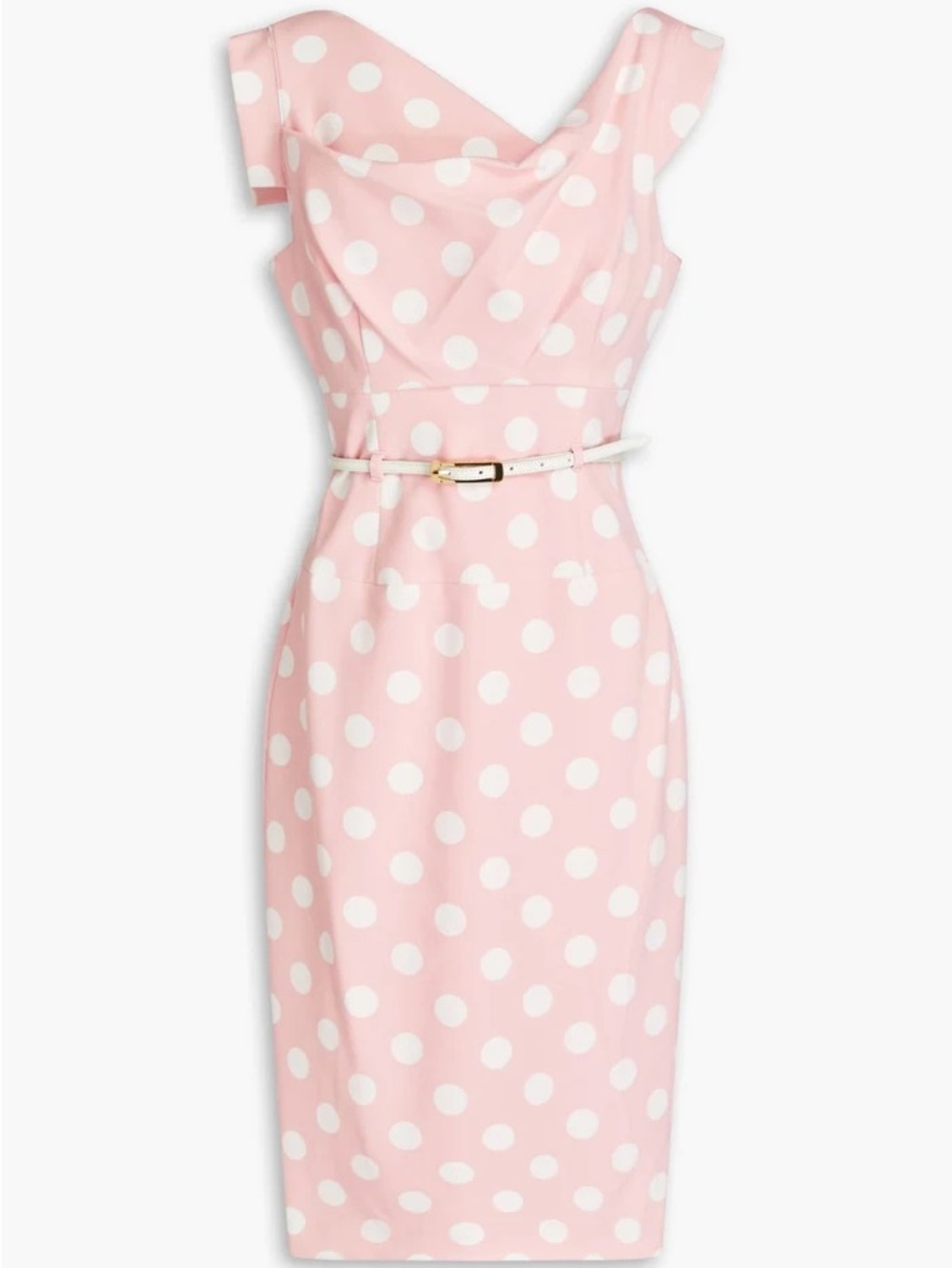 Black Halo Pink and White Polka Dot Midi Dress with Slim Belt